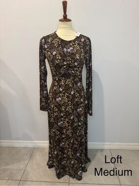 LOFT Brown Floral Long-Sleeve Maxi Dress with Lilac Accents